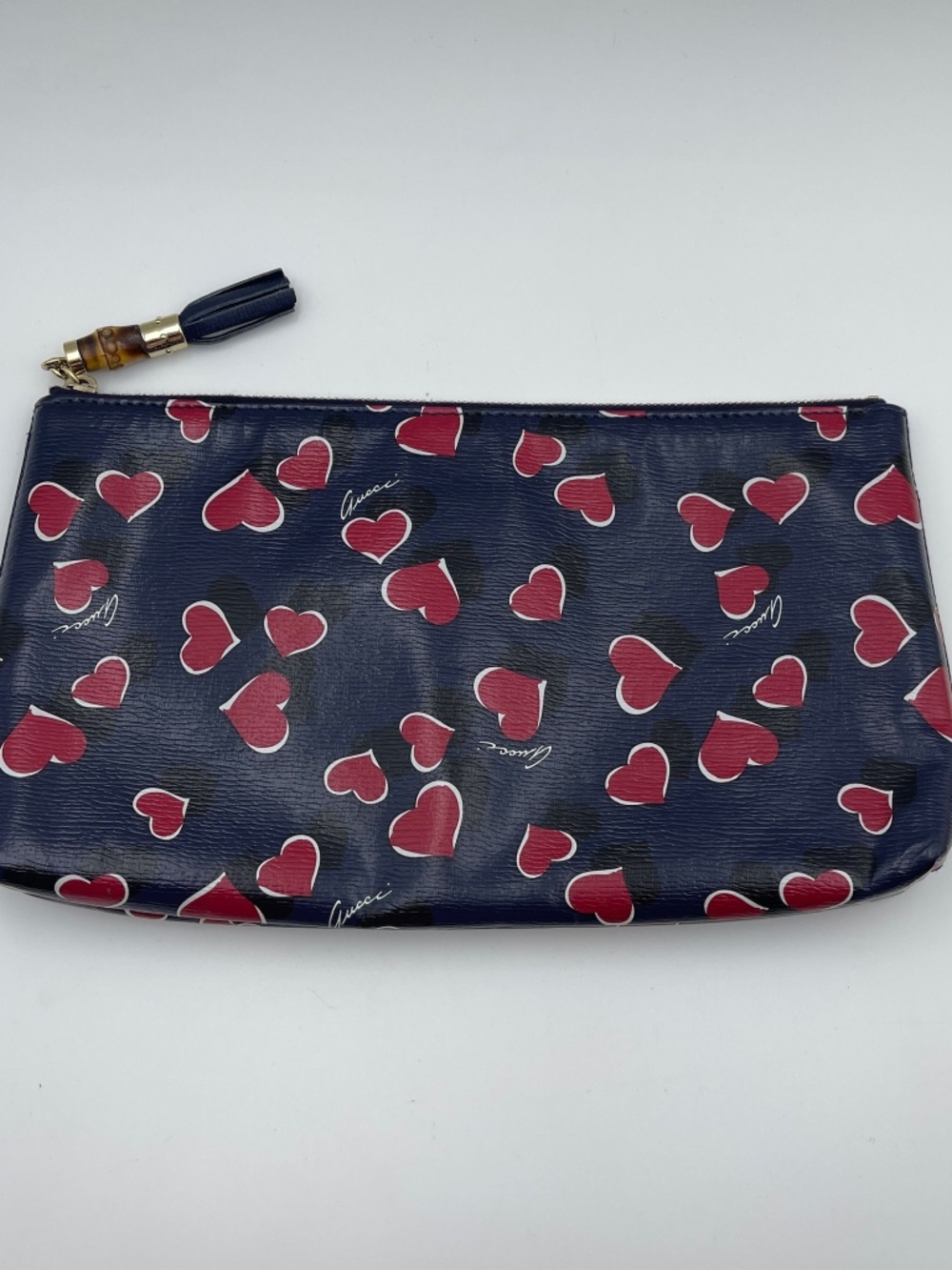 GUCCI leather blue busta red heart logo clutch bag bamboo zip pouch bag